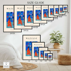 Matisse Art Prints - Two Figures Flute Poster size guide showcasing various print dimensions on a stylish background.