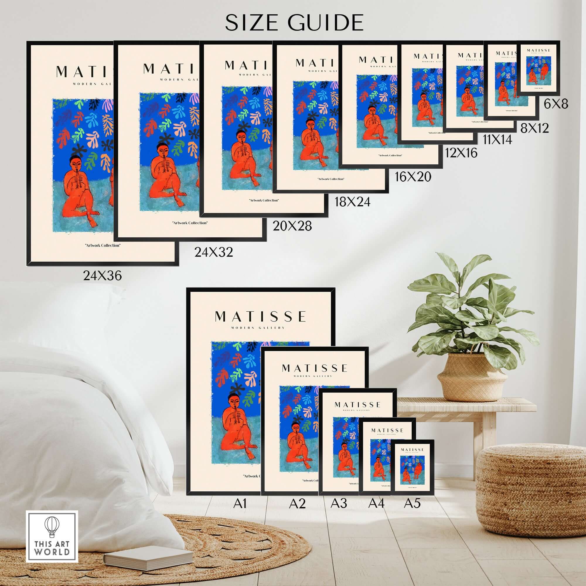 Matisse Art Prints - Two Figures Flute Poster size guide showcasing various print dimensions on a stylish background.