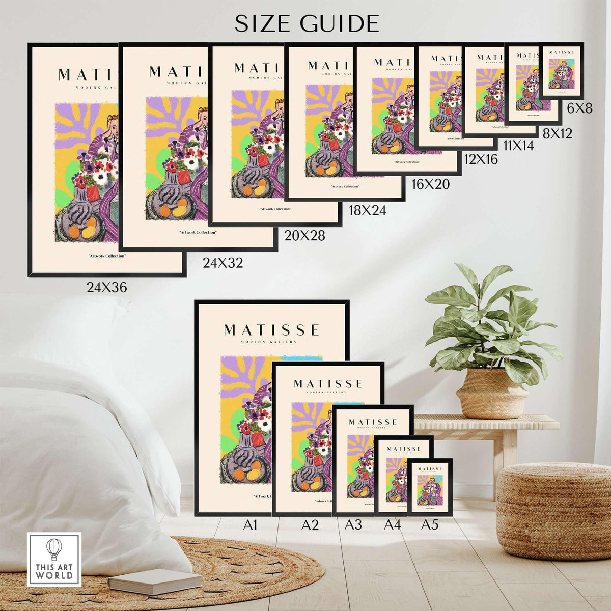 Matisse Art Prints - Stylized Woman with Flowers Fruit Still Life Interior Poster size guide for various dimensions