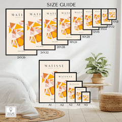 Matisse Art Prints - Warm Tone Geometric Triangles Poster size guide showcasing various print dimensions.