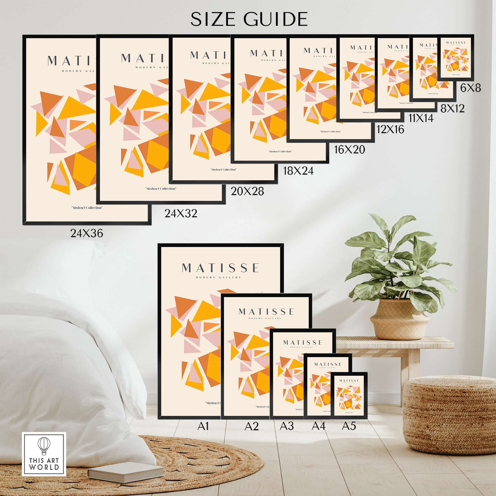 Matisse Art Prints - Warm Tone Geometric Triangles Poster size guide showcasing various print dimensions.
