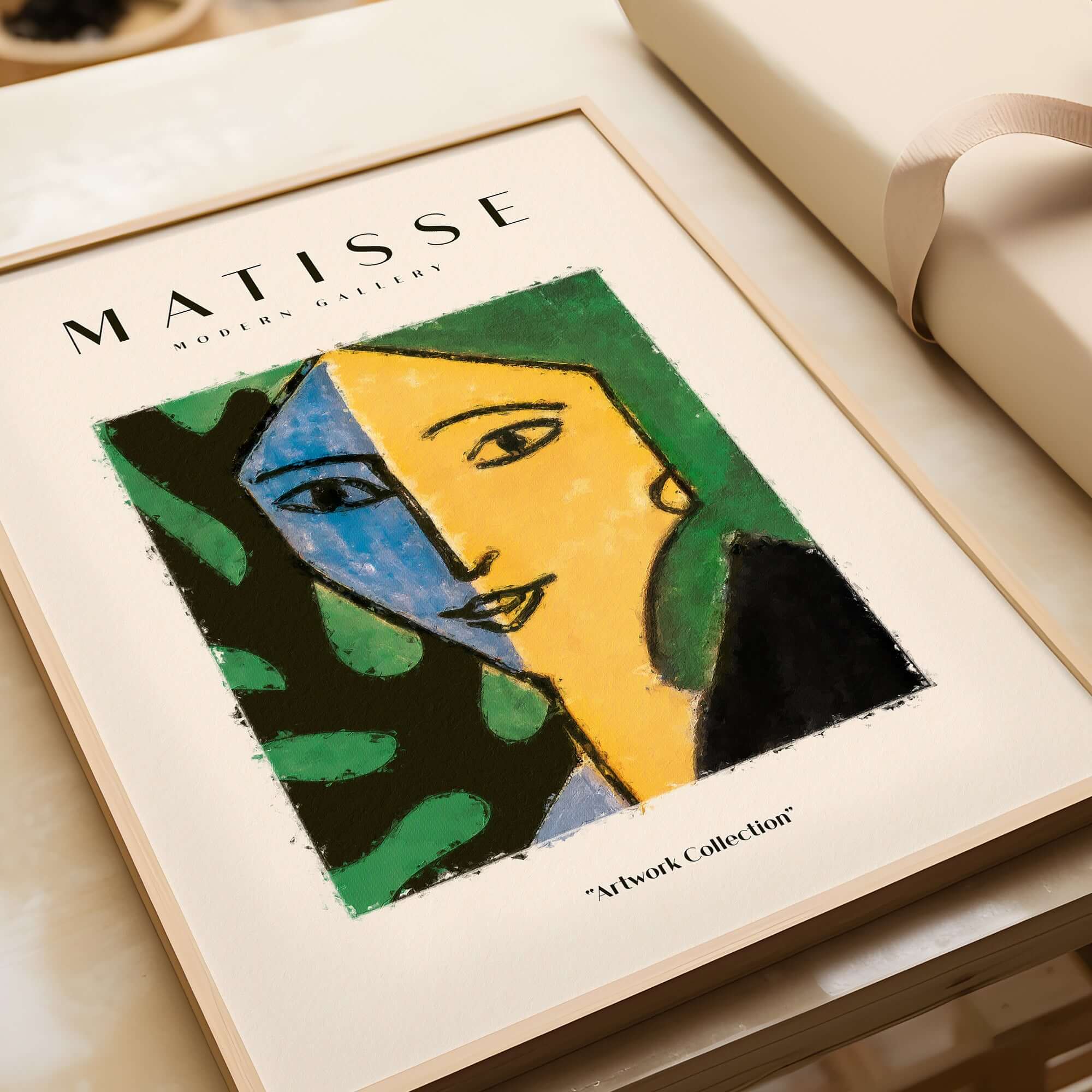 Matisse Art Prints - Split Face Blue Yellow Portrait Poster displayed in a modern frame with vibrant colors.