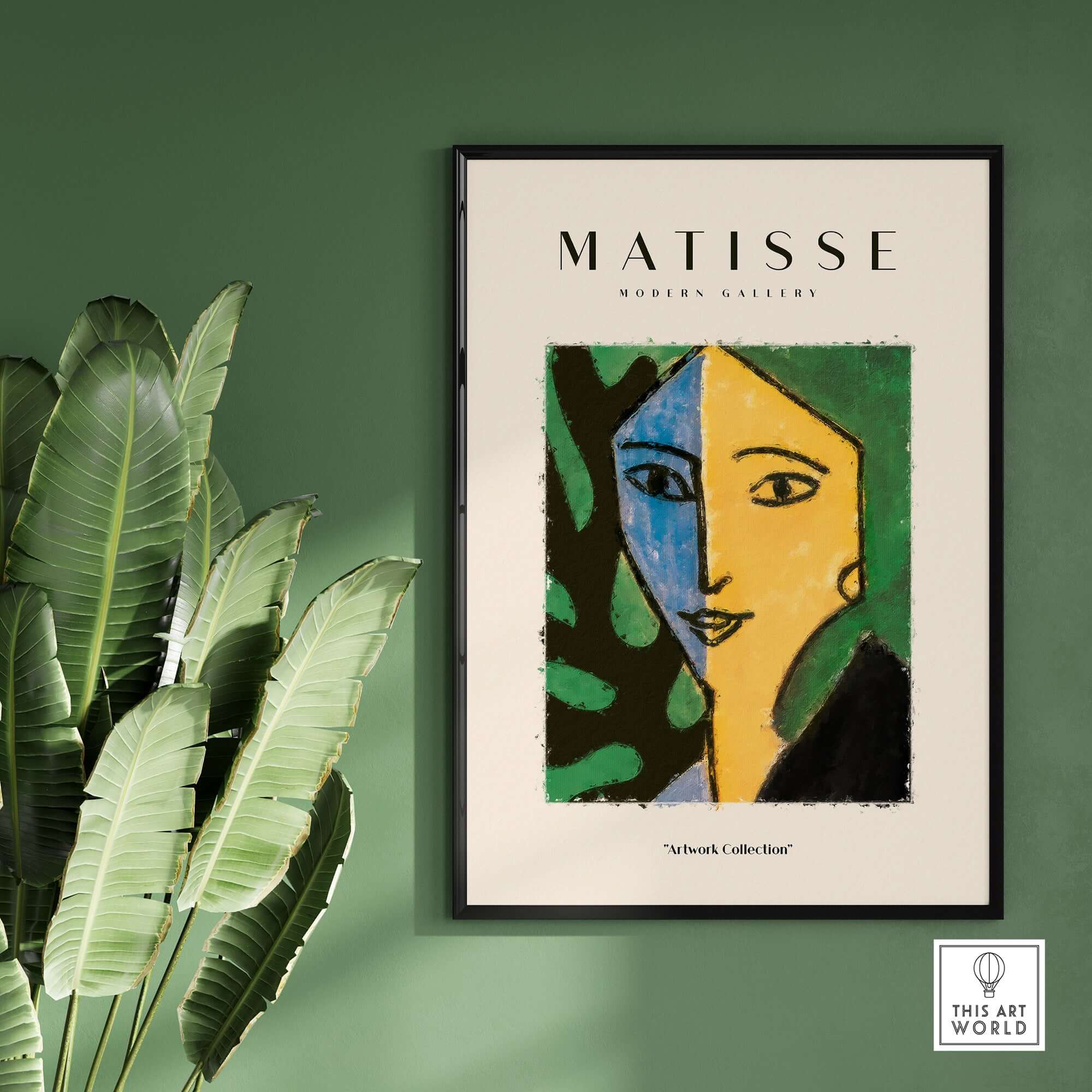 Matisse Art Prints - Split Face Blue Yellow Portrait Poster showcased on a wall with green background and decorative plants.