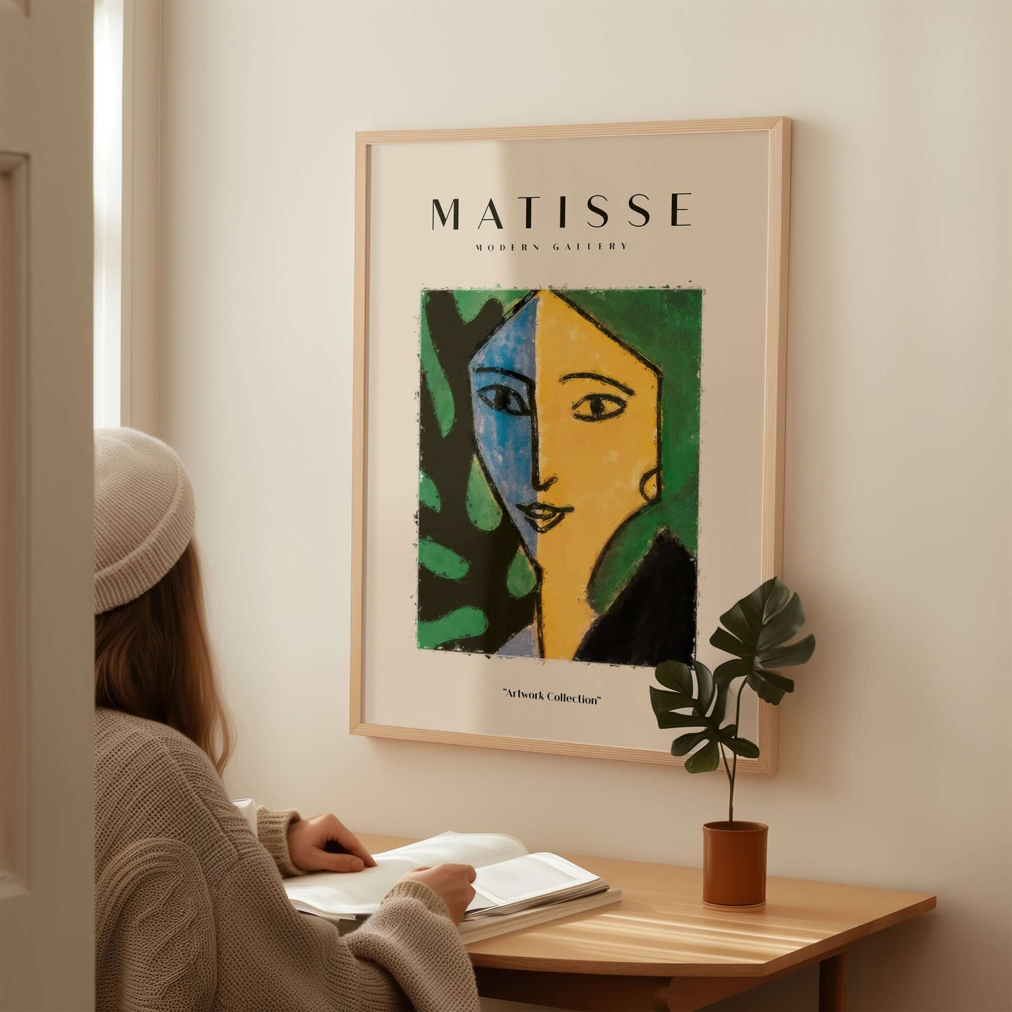 Matisse Art Prints - Split Face Blue Yellow Portrait Poster displayed in a cozy room with a person reading.