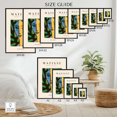 Matisse Art Prints - Split Face Blue Yellow Portrait Poster size guide showing various print dimensions on wall.