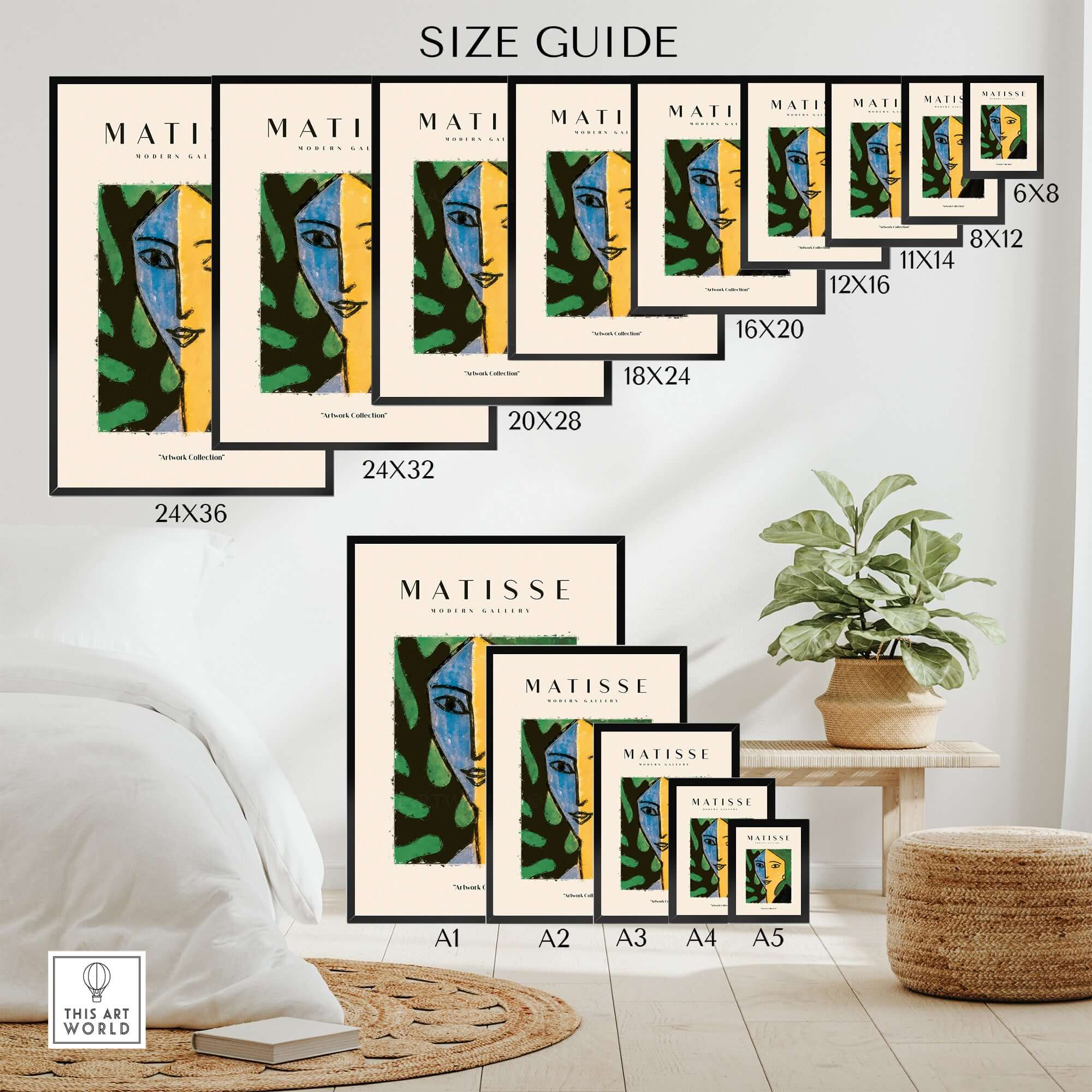 Matisse Art Prints - Split Face Blue Yellow Portrait Poster size guide showing various print dimensions on wall.