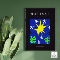 Matisse Art Prints - Stars Leaves Night Sky Abstract Print showcasing a vibrant starry theme with blue, yellow, and green elements.