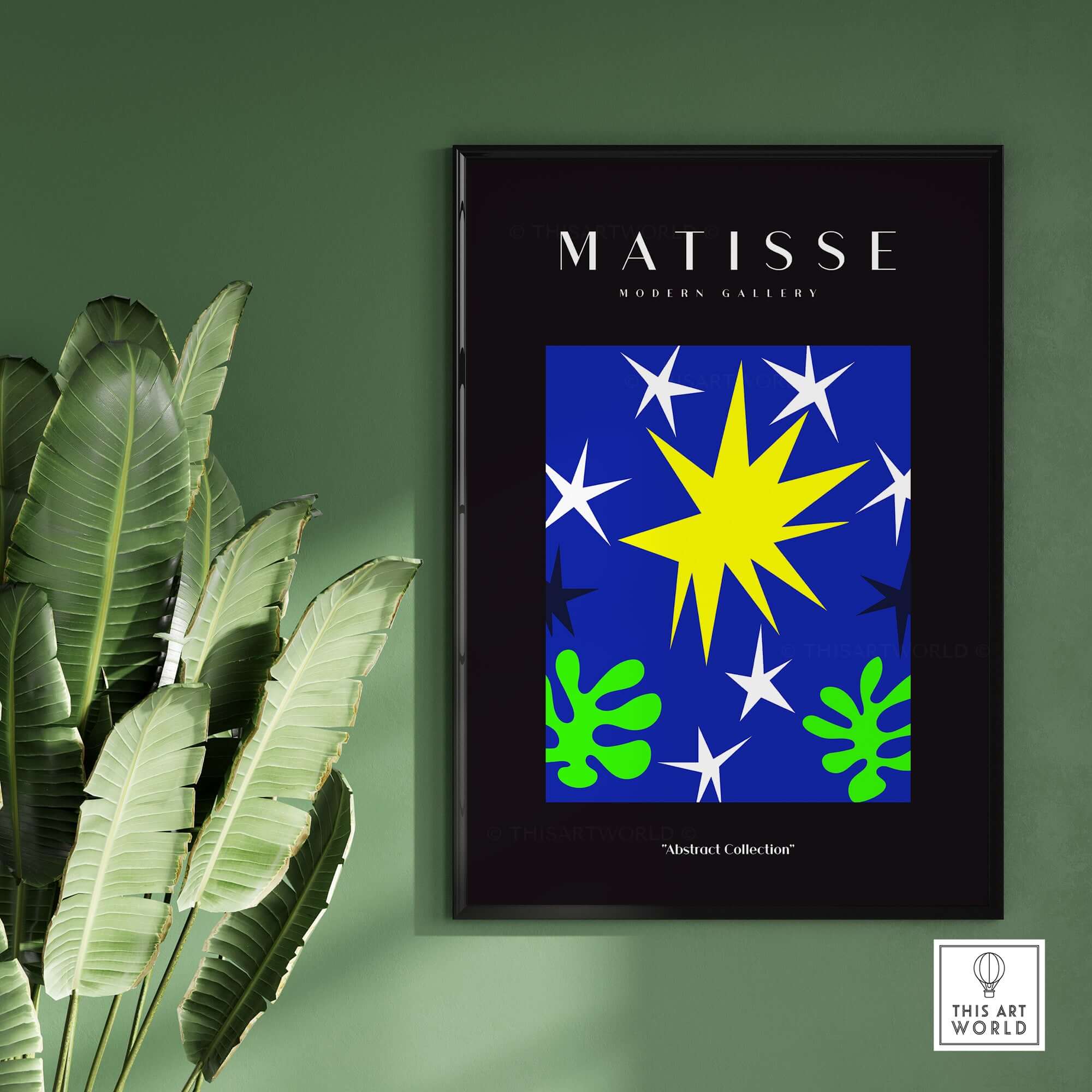 Matisse Art Prints - Stars Leaves Night Sky Abstract Print showcasing a vibrant starry theme with blue, yellow, and green elements.