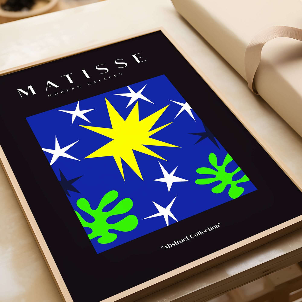 Matisse Art Prints - Stars Leaves Night Sky Abstract Print showcasing a vibrant blue background with stars and green leaves.