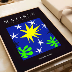 Matisse Art Prints - Stars Leaves Night Sky Abstract Print showcasing a vibrant blue background with stars and green leaves.