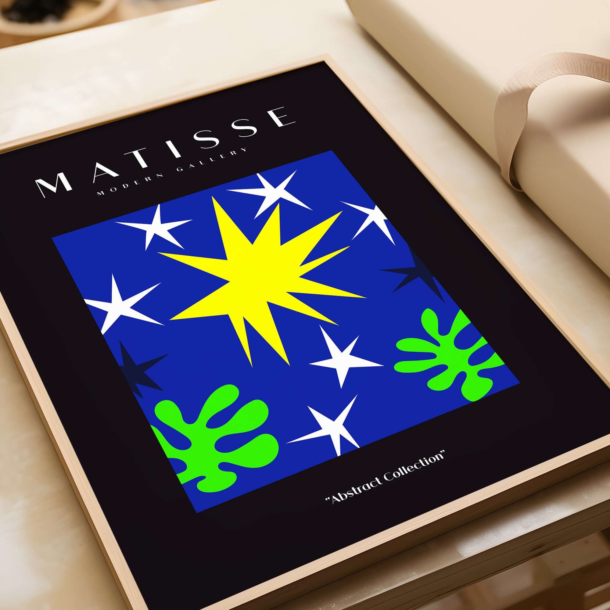 Matisse Art Prints - Stars Leaves Night Sky Abstract Print showcasing a vibrant blue background with stars and green leaves.