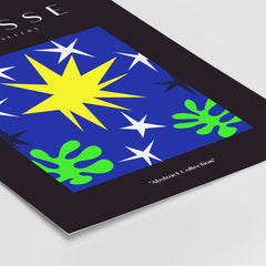 Matisse Art Prints - Stars Leaves Night Sky Abstract Print featuring a bright yellow star and green leaf shapes on a blue background.