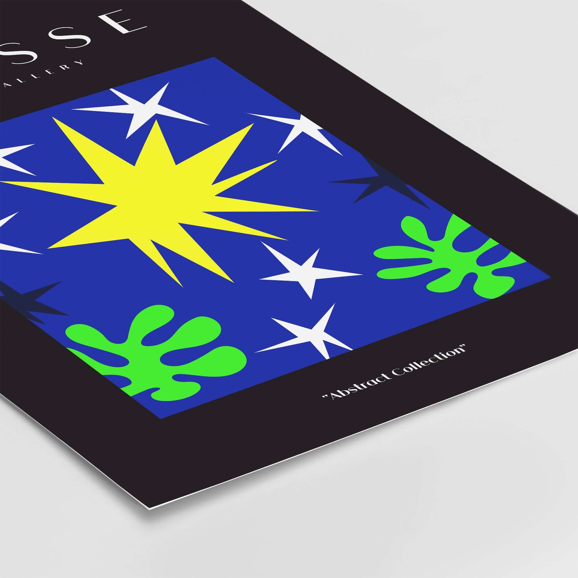 Matisse Art Prints - Stars Leaves Night Sky Abstract Print featuring a bright yellow star and green leaf shapes on a blue background.