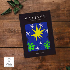 Matisse Art Prints - Stars Leaves Night Sky Abstract Print featuring vibrant stars and leaves on a black background.