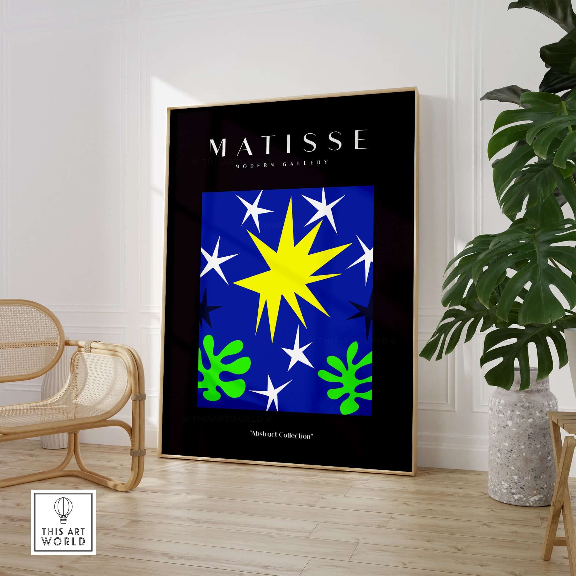 Matisse Art Prints - Stars Leaves Night Sky Abstract Print displayed in a modern room with plants and a stylish decor.