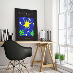 Matisse Art Prints - Stars Leaves Night Sky Abstract Print displayed in a stylish interior with cozy workspace.