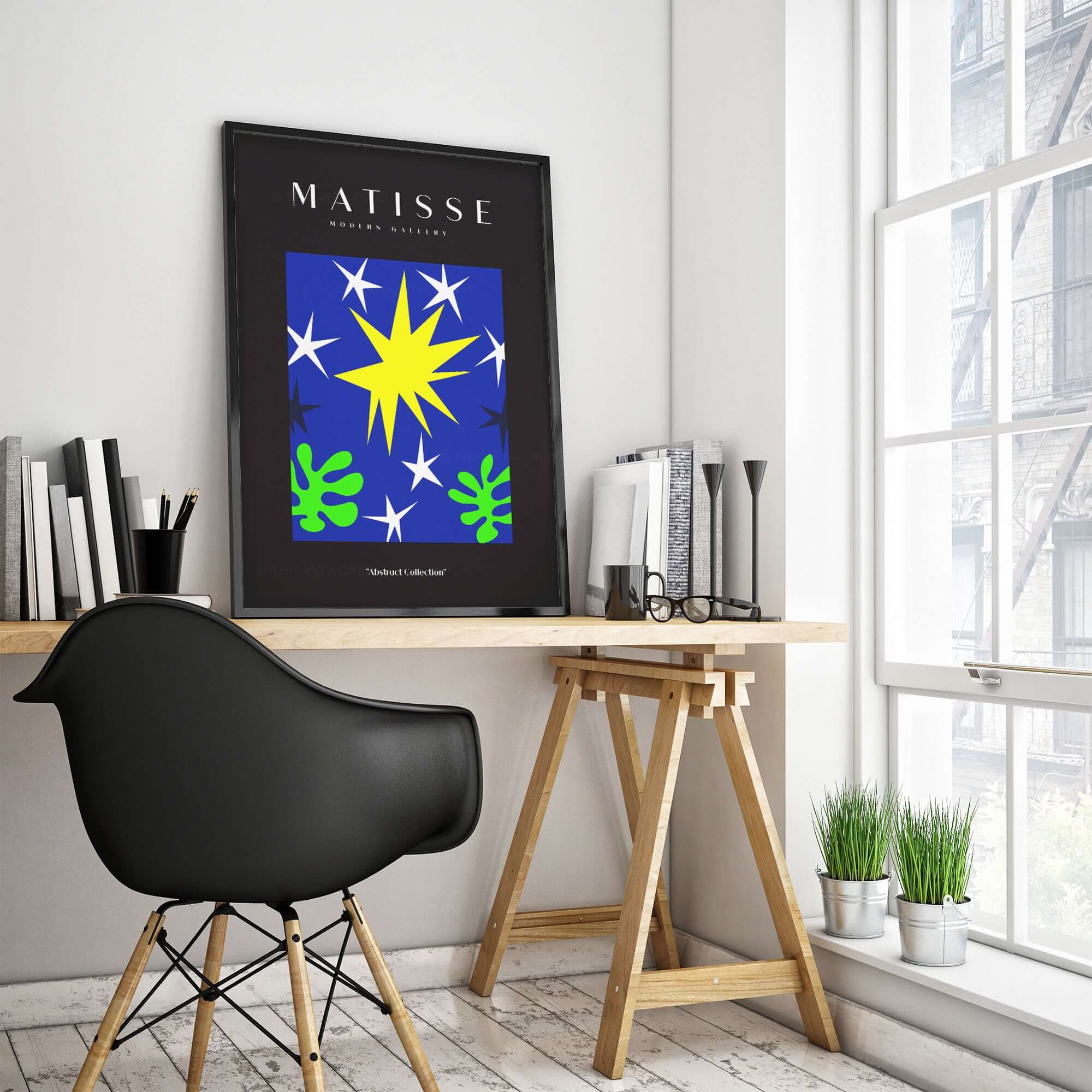 Matisse Art Prints - Stars Leaves Night Sky Abstract Print displayed in a stylish interior with cozy workspace.