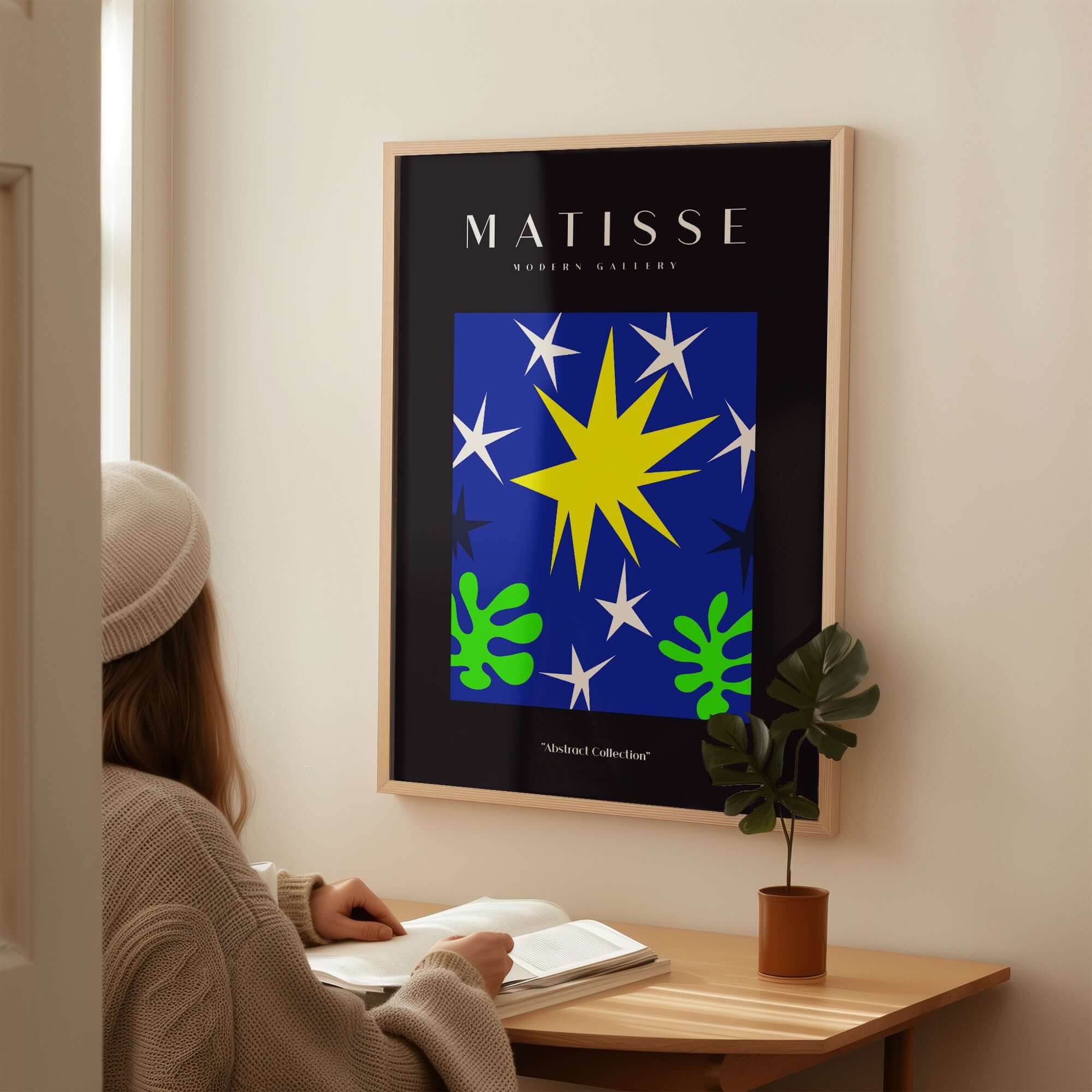 Matisse Art Prints - Stars Leaves Night Sky Abstract Print displayed on wall with star and leaf designs.