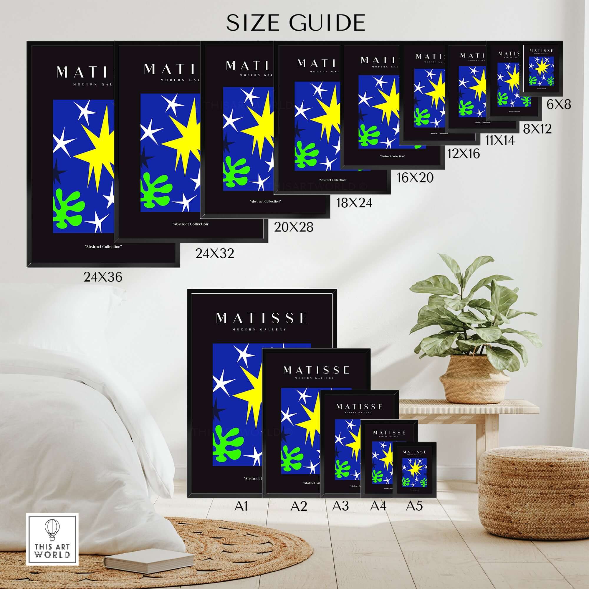 Matisse Art Prints - Stars Leaves Night Sky Abstract Print size guide showing various frame sizes and dimensions.
