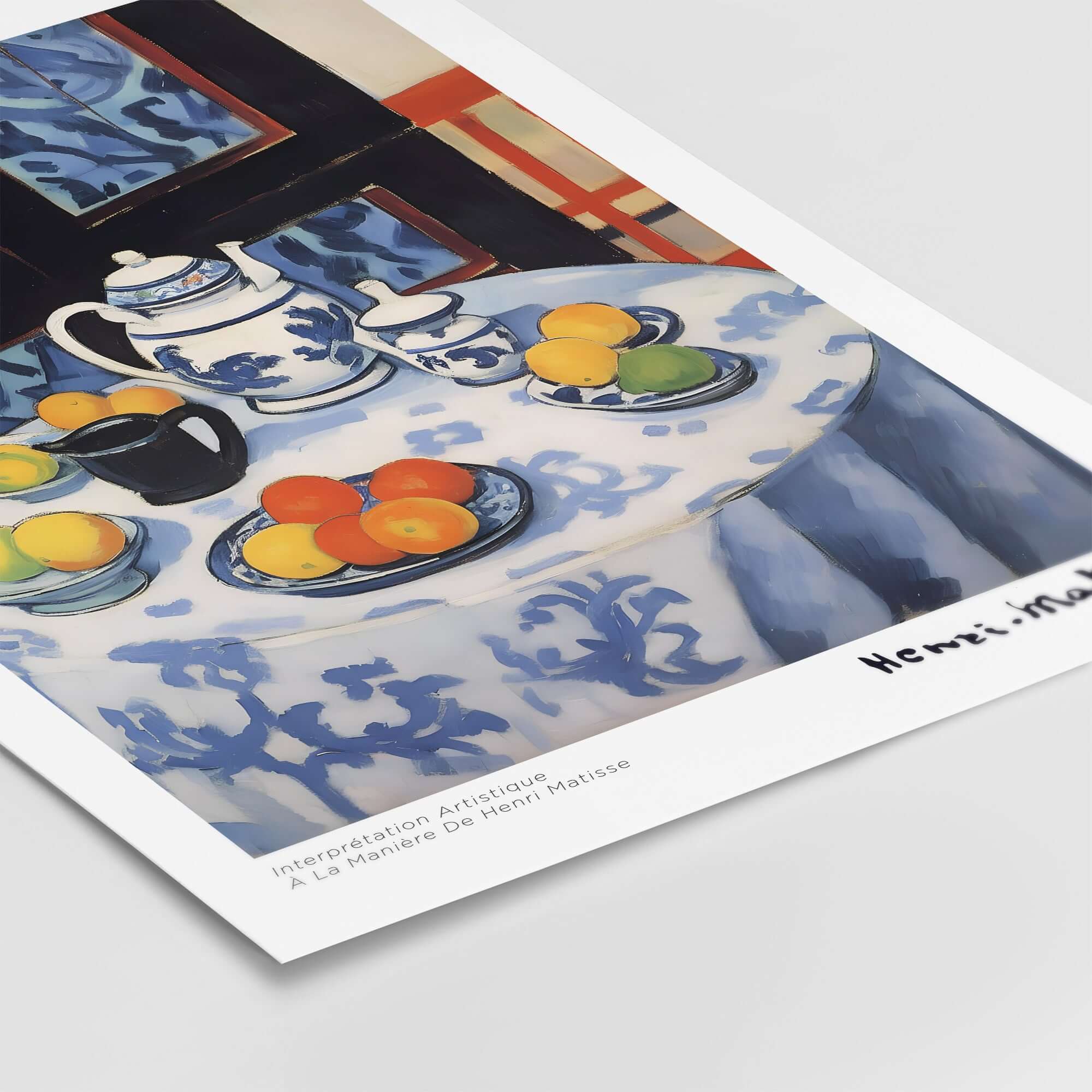 Matisse Art Prints - Still Life Blue Tablecloth Poster featuring a teapot, cups, and vibrant citrus fruits on a patterned tablecloth.