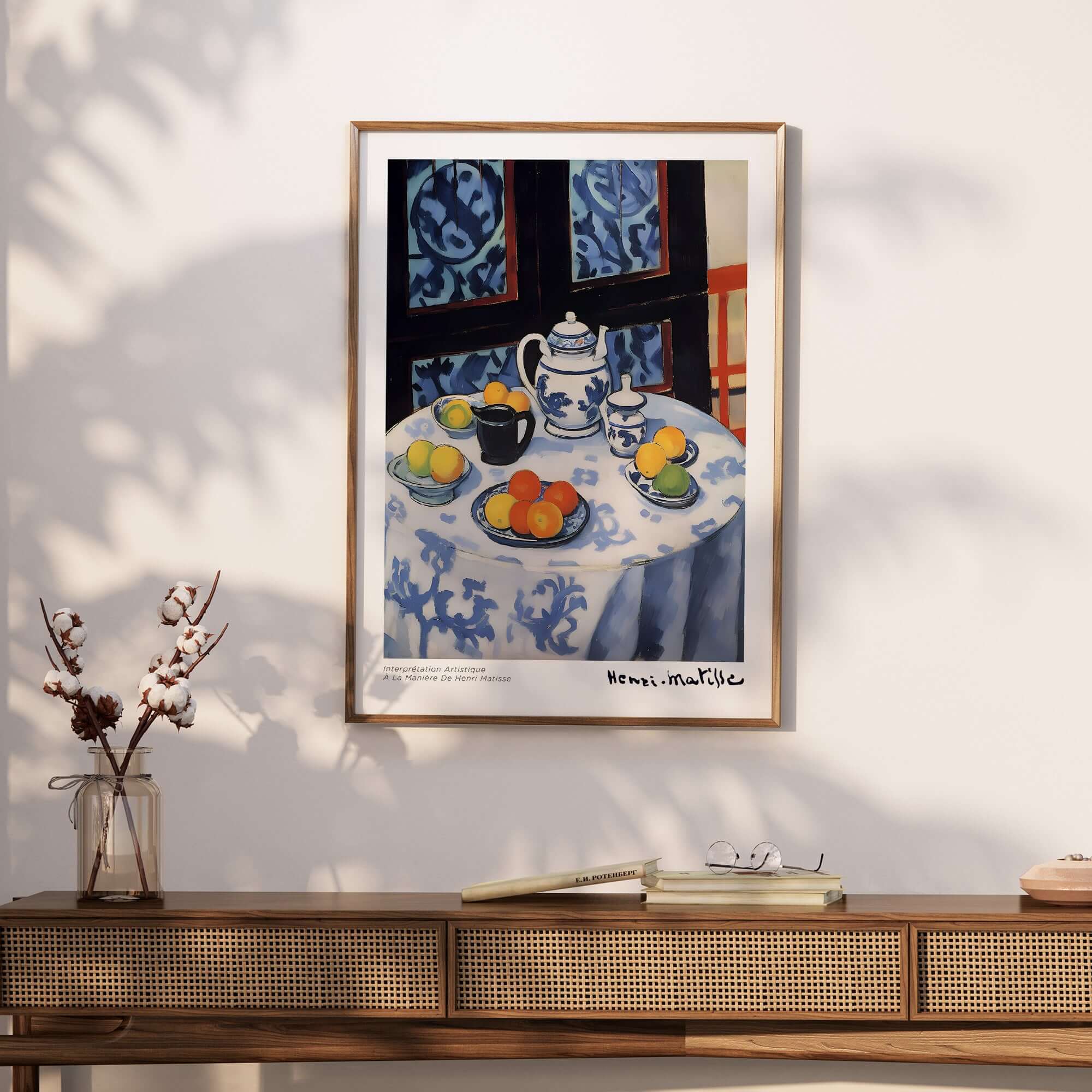 Matisse Art Prints - Still Life Blue Tablecloth Poster featuring a colorful still life against a dark background.