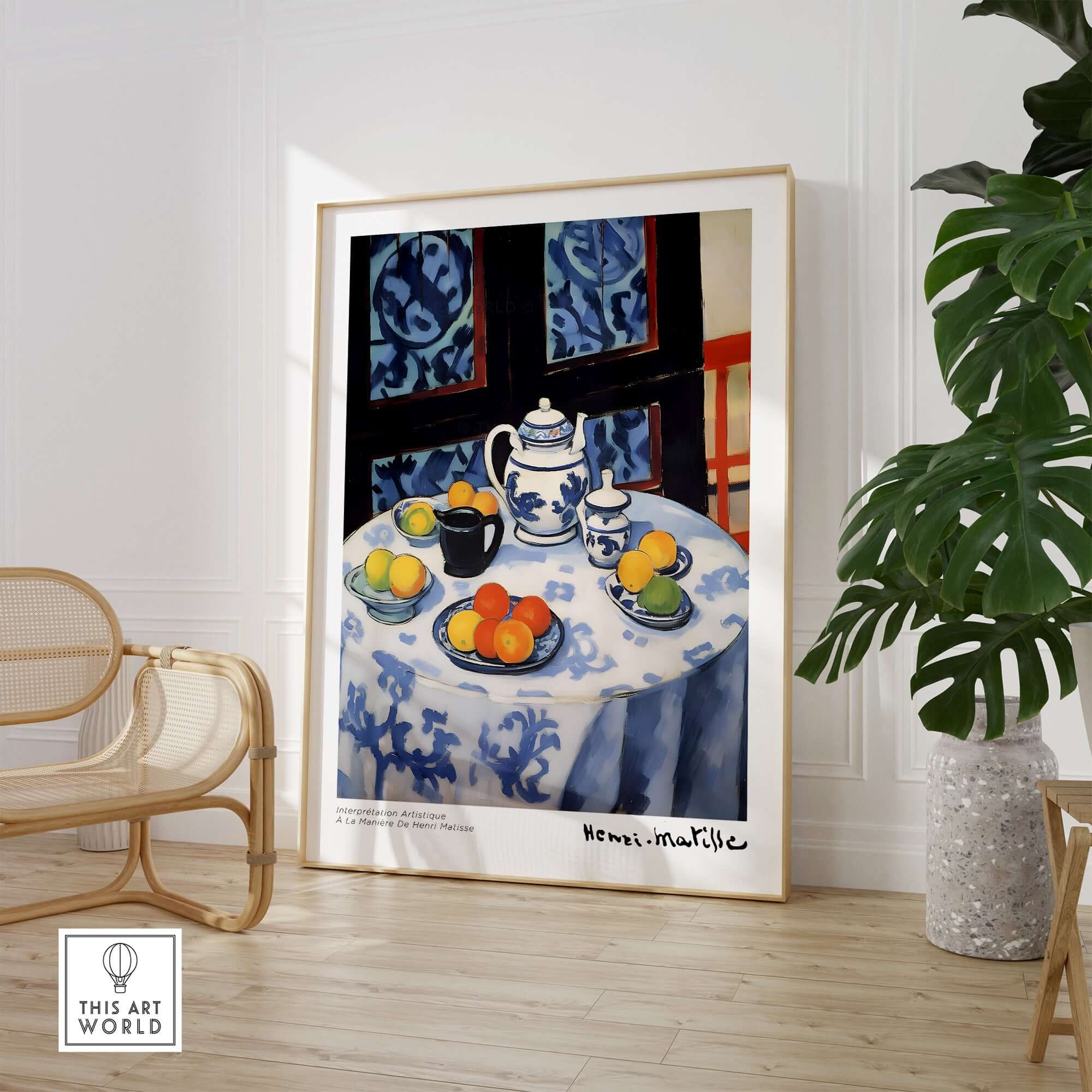 Matisse Art Prints - Still Life Blue Tablecloth Poster featuring a table with teapot, cups, and fruit.
