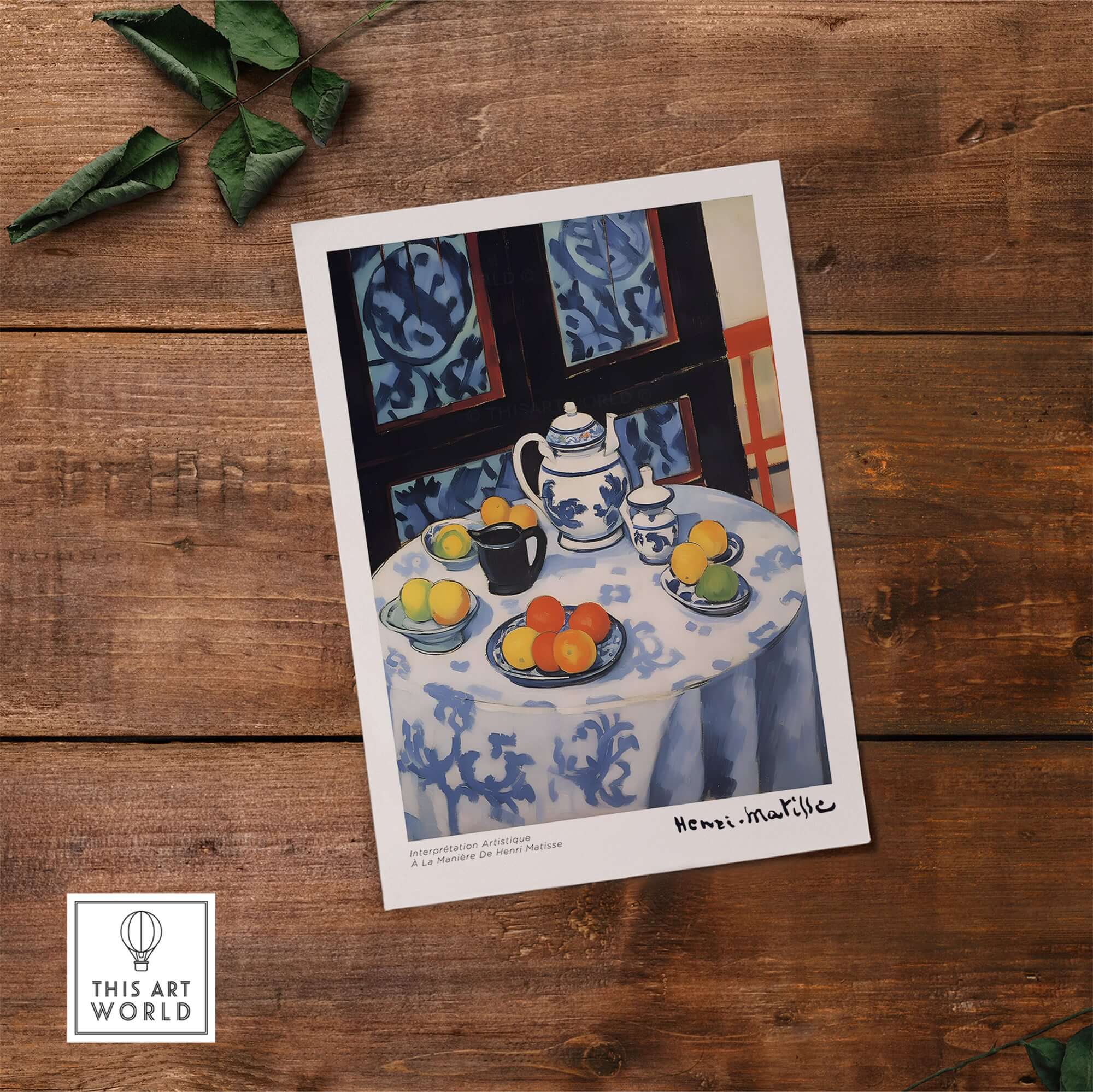Matisse Art Prints - Still Life Blue Tablecloth Poster featuring a teapot and vibrant citrus fruits on a blue tablecloth.