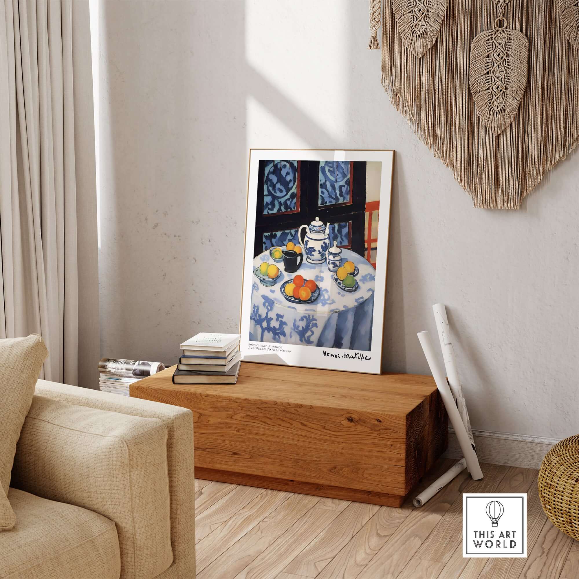 Matisse Art Prints - Still Life Blue Tablecloth Poster displayed in a cozy living room setting.