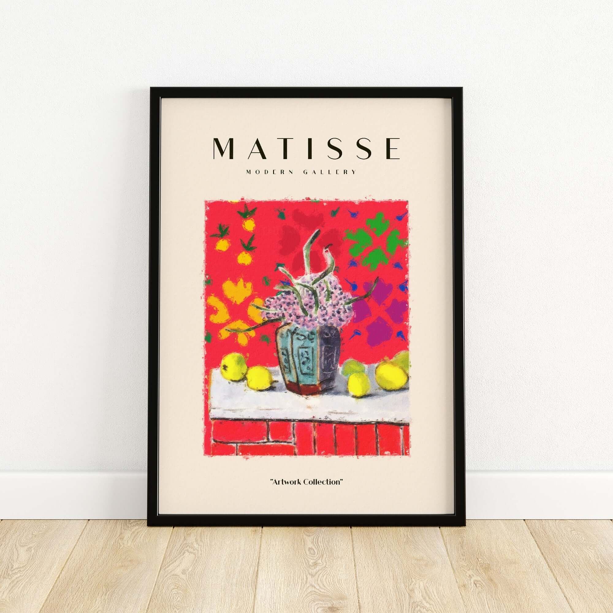 Matisse Art Prints -  Still Life Flowers Lemons Red Pattern Poster framed art print showcasing colorful flowers and lemons.