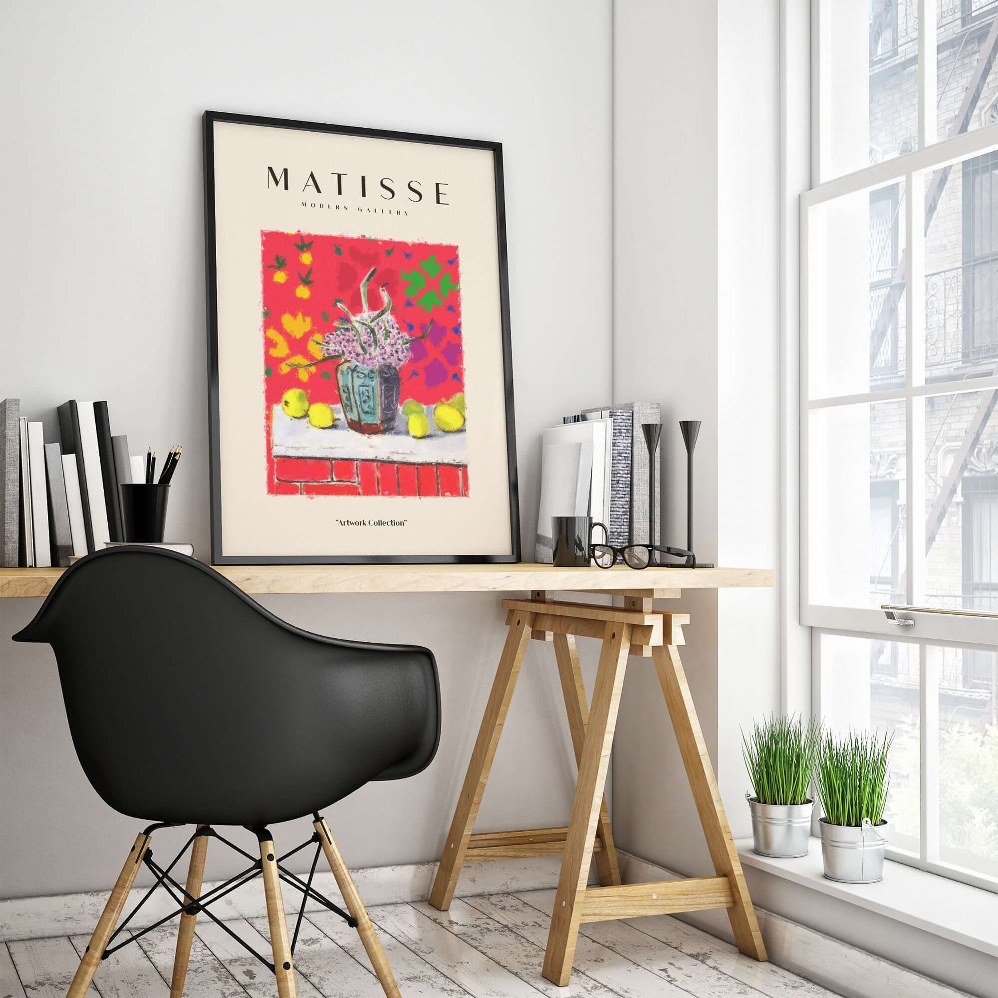 Matisse Art Prints -  Still Life Flowers Lemons Red Pattern Poster framed on wall above a stylish desk.