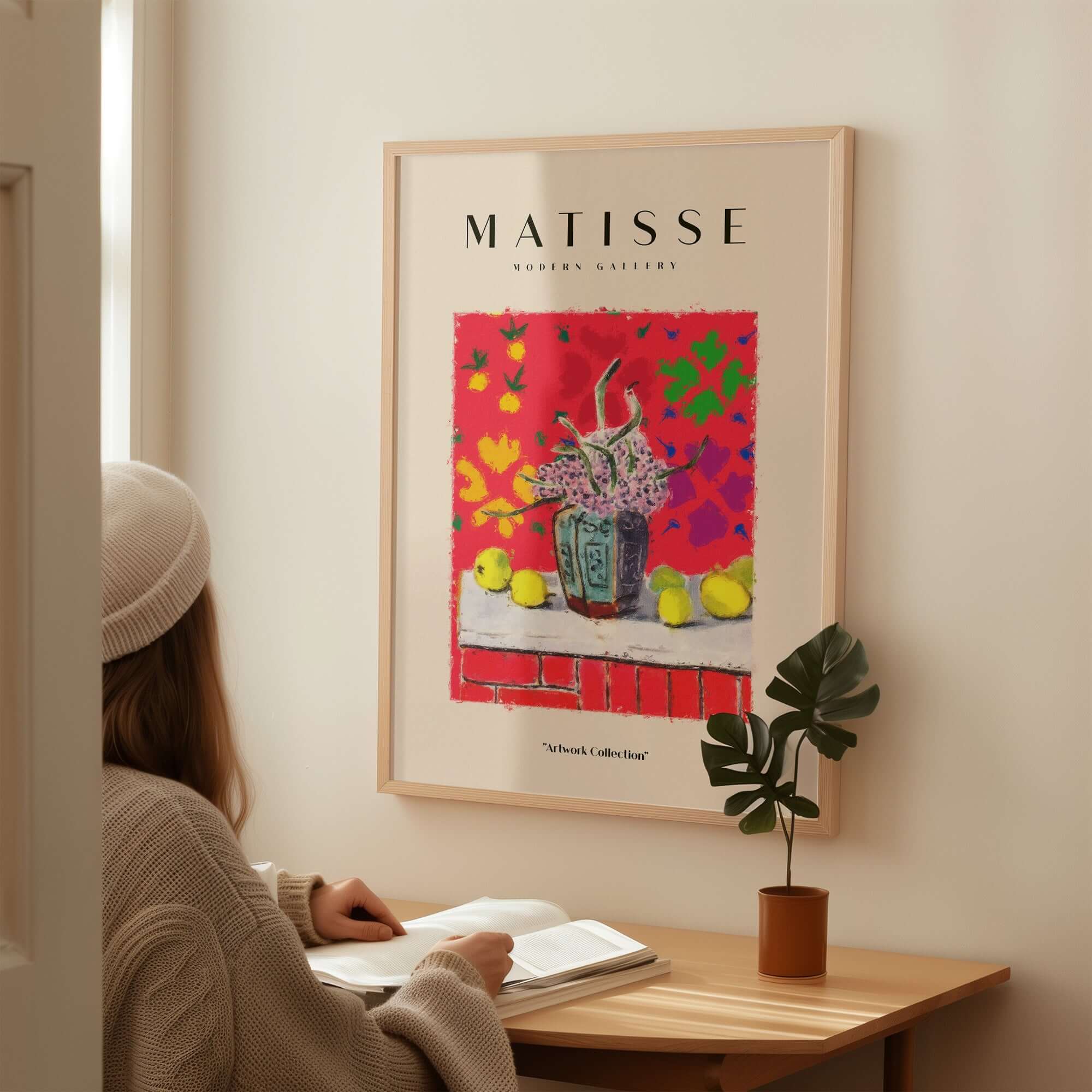 Matisse Art Prints - Still Life Flowers Lemons Red Pattern Poster displayed in a cozy setting, enhancing home decor.
