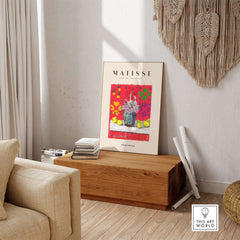 Matisse Art Prints - Still Life Flowers Lemons Red Pattern Poster displayed in a modern home setting.