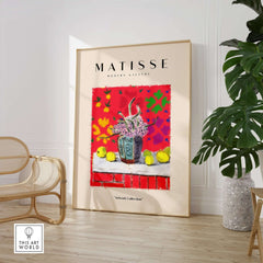 Matisse Art Prints -  Still Life Flowers Lemons Red Pattern Poster displayed in a bright, modern interior setting.