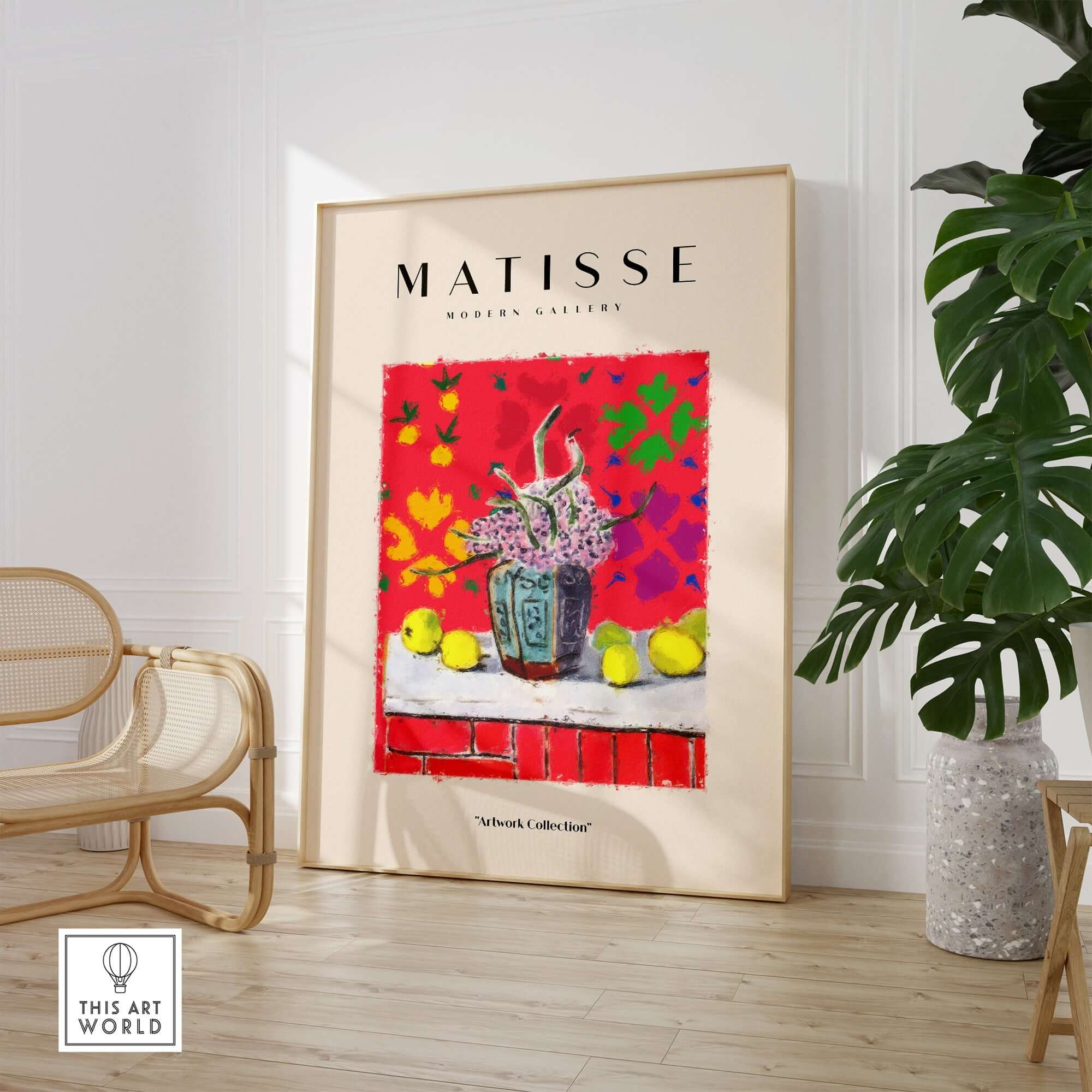 Matisse Art Prints -  Still Life Flowers Lemons Red Pattern Poster displayed in a bright, modern interior setting.