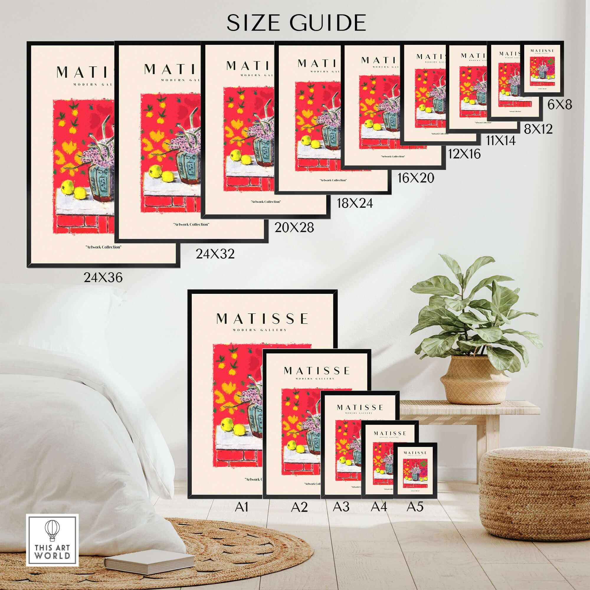 Matisse Art Prints - Still Life Flowers Lemons Red Pattern Poster size guide with various dimensions displayed in a stylish interior.