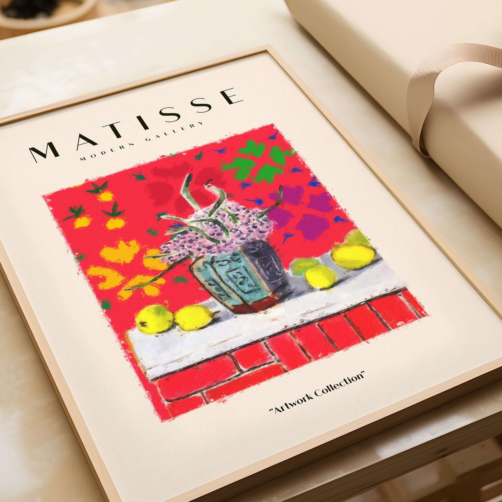 Matisse Art Prints -  Still Life Flowers Lemons Red Pattern Poster featuring a vibrant vase and bright lemons.