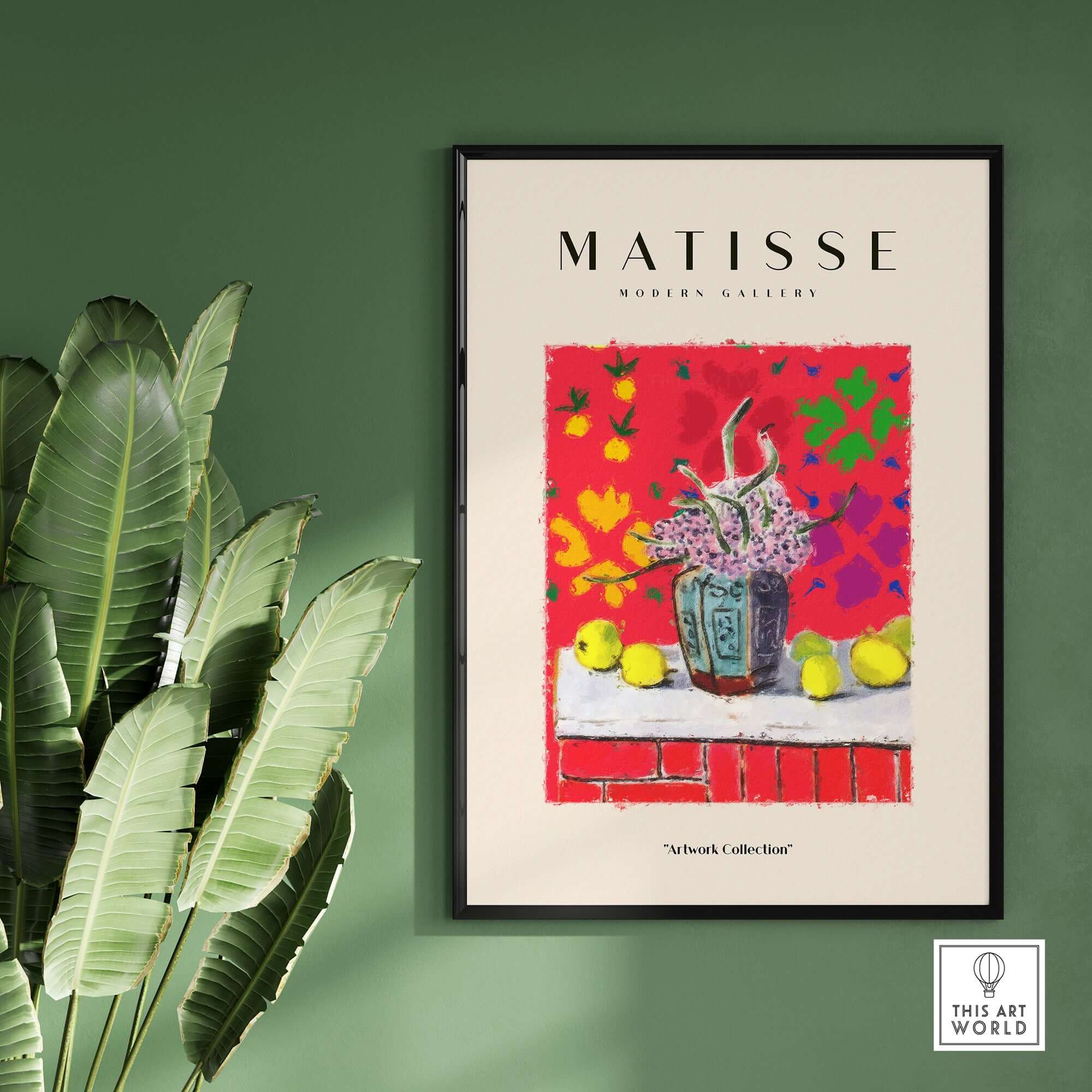 Matisse Art Prints -  Still Life Flowers Lemons Red Pattern Poster displayed on a wall with decorative plants.