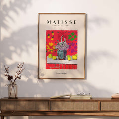 Matisse Art Prints -  Still Life Flowers Lemons Red Pattern Poster featuring a decorative vase, flowers, and bright lemons.