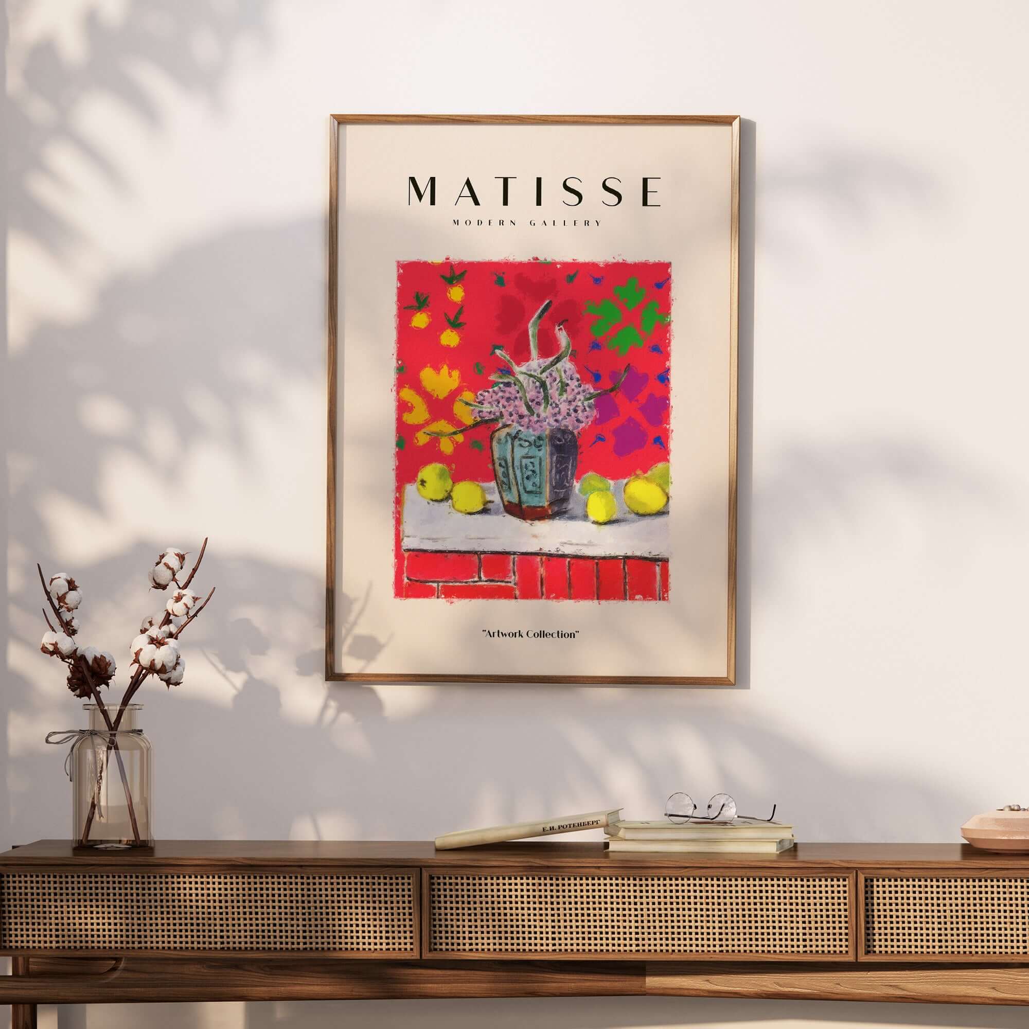 Matisse Art Prints -  Still Life Flowers Lemons Red Pattern Poster featuring a decorative vase, flowers, and bright lemons.