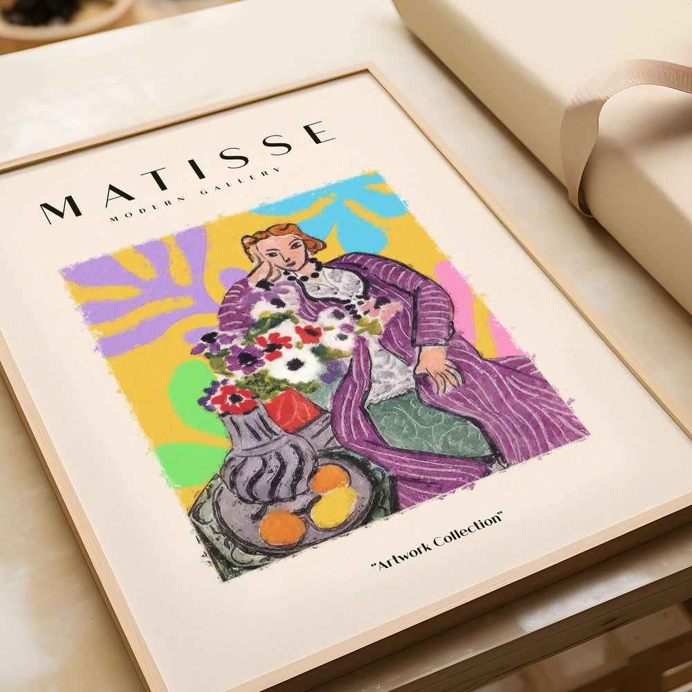 Matisse Art Prints - Stylized Woman with Flowers Fruit Still Life Interior Poster vibrant artwork framed on a table