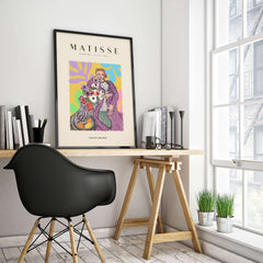 Matisse Art Prints - Stylized Woman with Flowers Fruit Still Life Interior Poster in a bright and modern office setting.