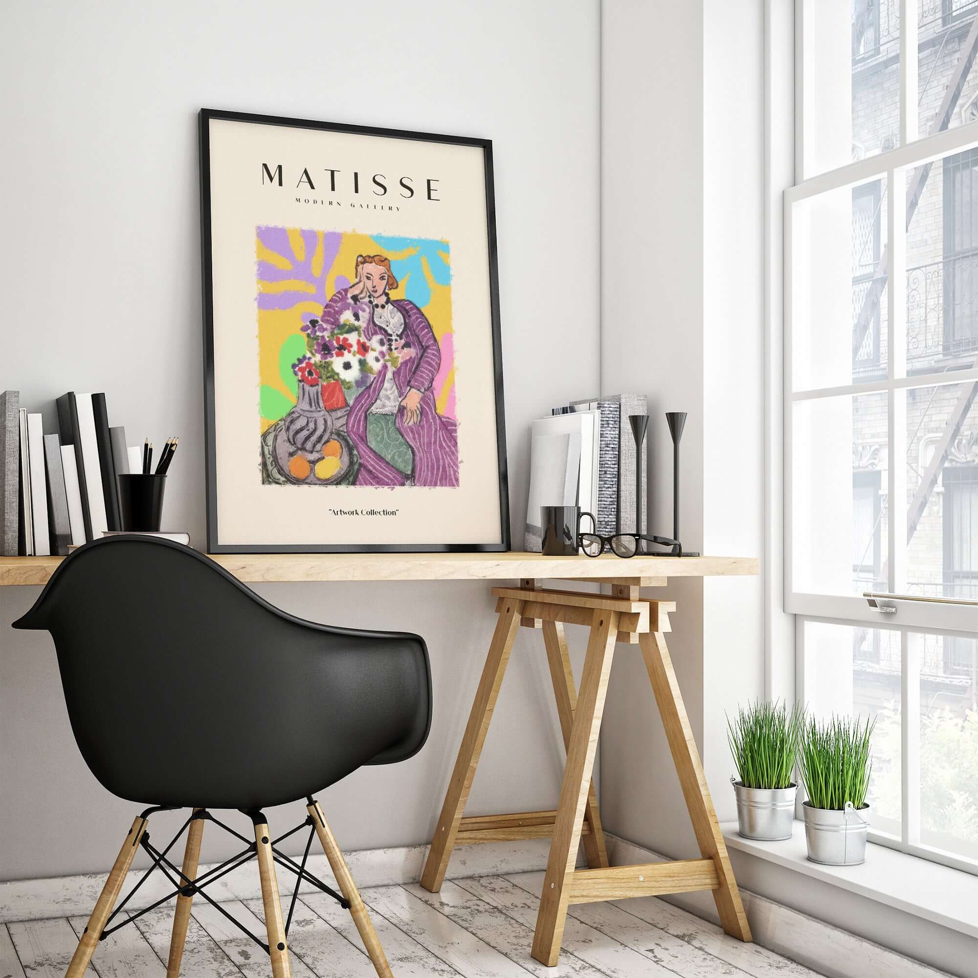 Matisse Art Prints - Stylized Woman with Flowers Fruit Still Life Interior Poster in a bright and modern office setting.