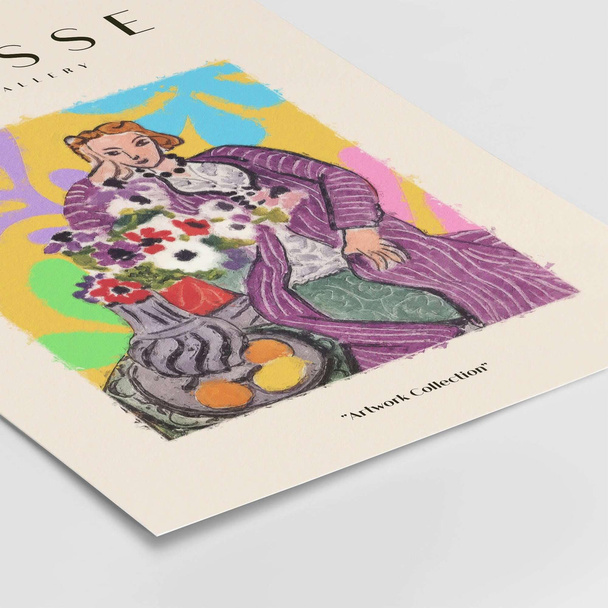 Matisse Art Prints - Stylized Woman with Flowers Fruit Still Life Interior Poster colorful artwork featuring a woman in purple robe.