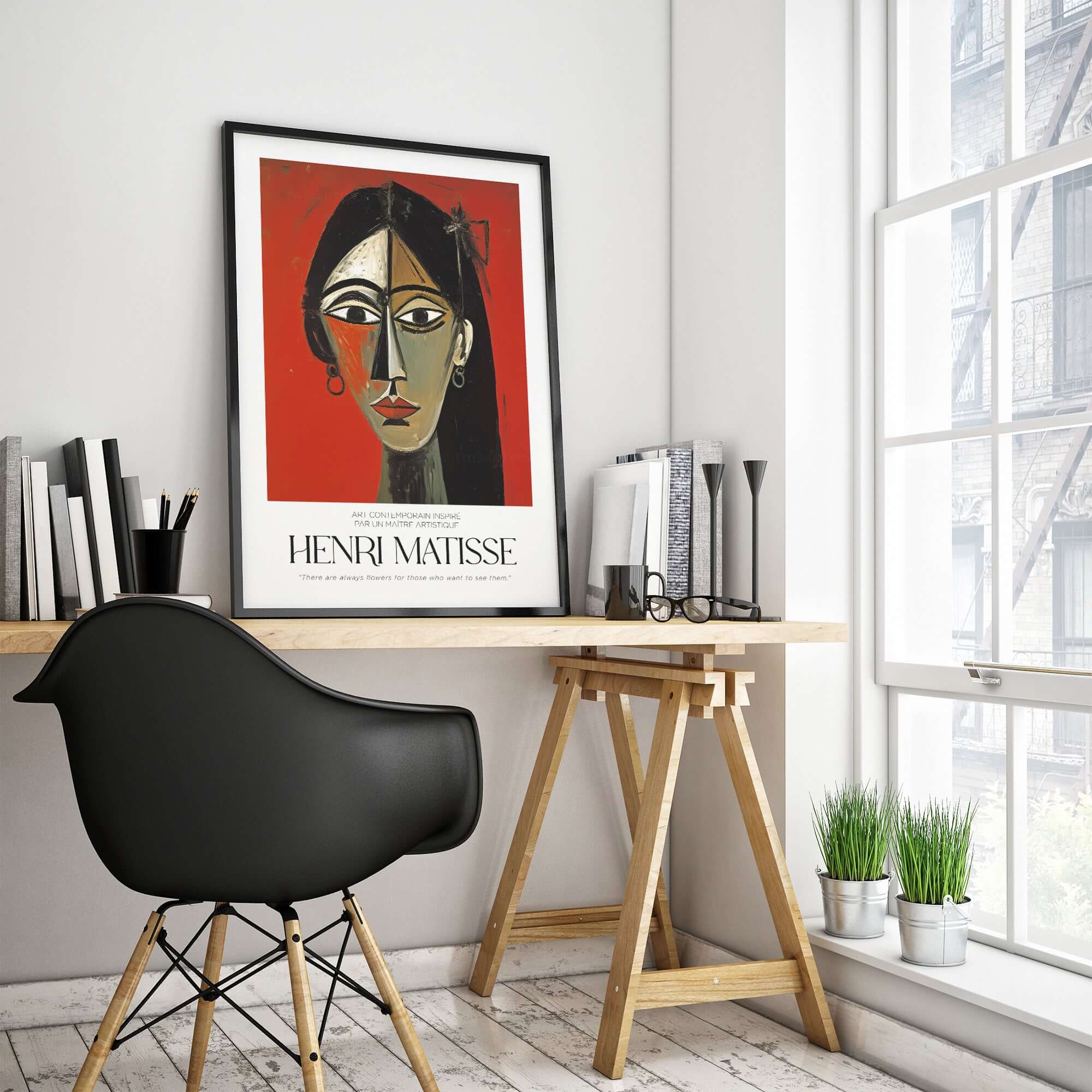 Matisse Art Prints - Stylized Woman Portrait Red Wall Art displayed in a modern interior featuring a sleek desk and chair.