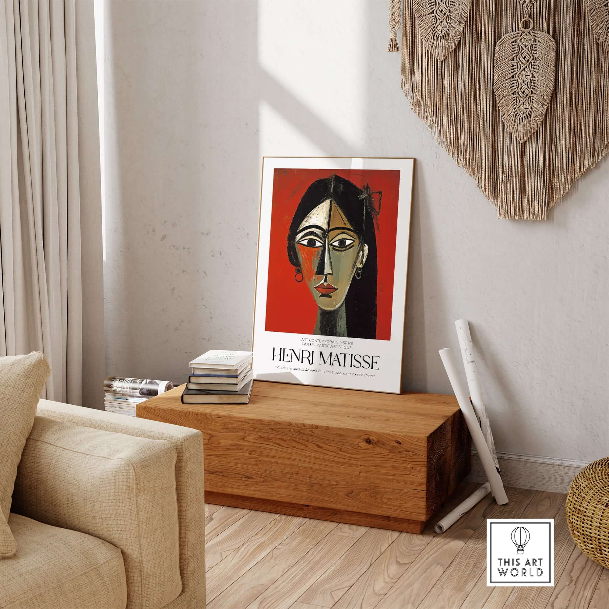 Matisse Art Prints - Stylized Woman Portrait Red Wall Art displayed in a stylish interior with wooden decor.