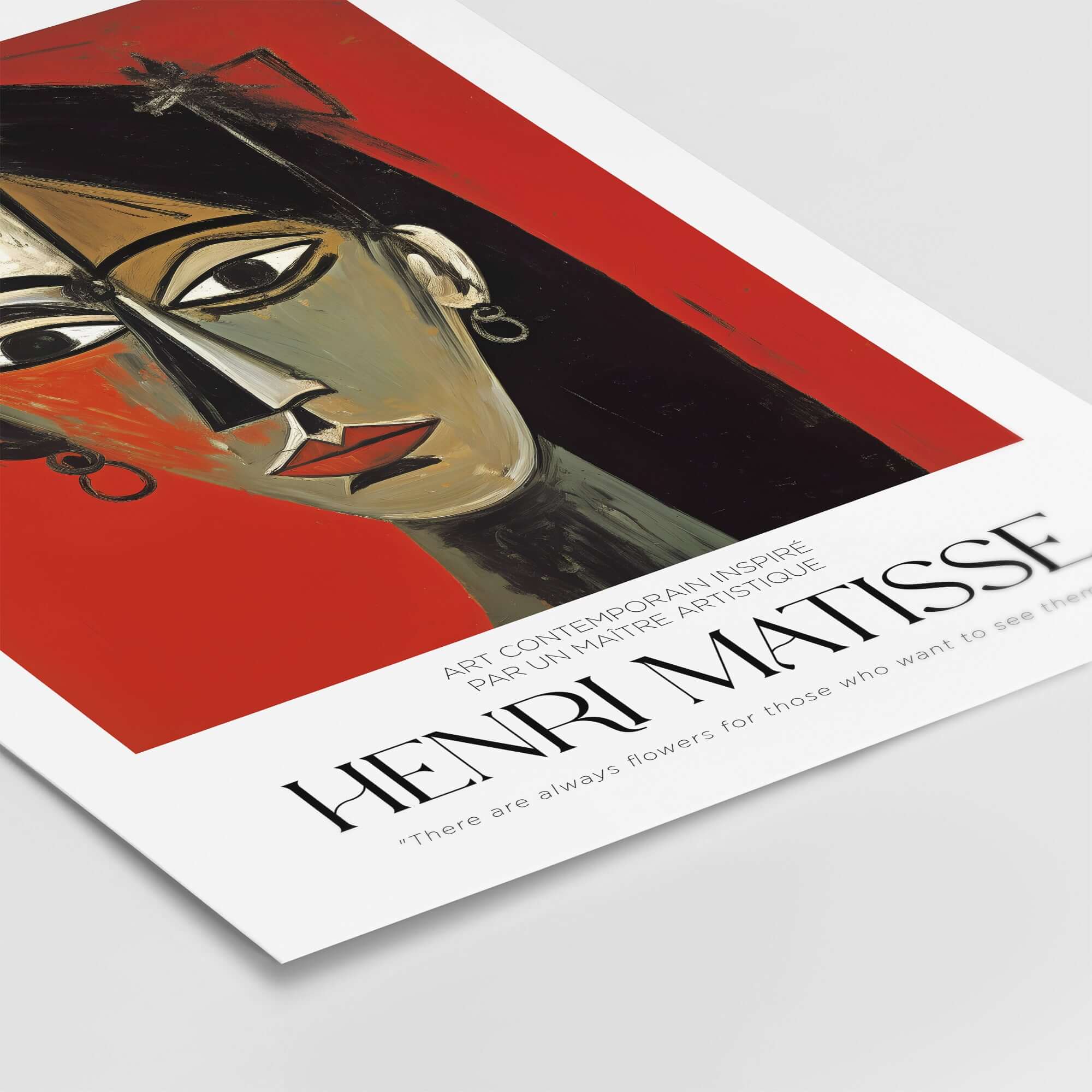 Matisse Art Prints - Stylized Woman Portrait Red Wall Art featuring a bold stylized woman's face on red background.