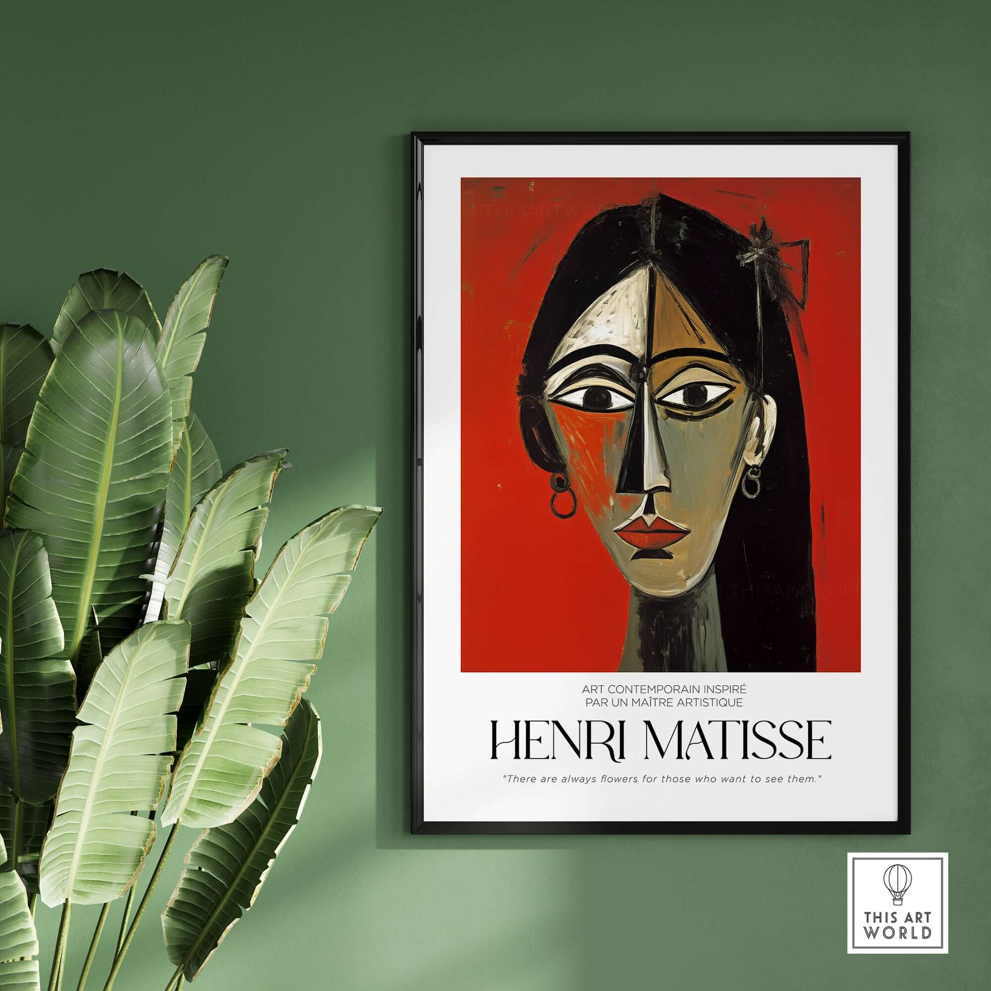 Matisse Art Prints - Stylized Woman Portrait Red Wall Art displayed with modern decor and green plants.