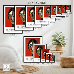 Matisse Art Prints - Stylized Woman Portrait Red Wall Art Size Guide with various frame dimensions displayed.