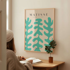 Matisse Art Prints - Teal Coral Pattern Abstract Wall Art displayed in a modern setting, featuring large teal abstract shapes.