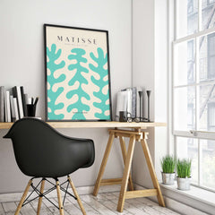 Matisse Art Prints - Teal Coral Pattern Abstract Wall Art displayed in a modern workspace with a stylish chair and plants.